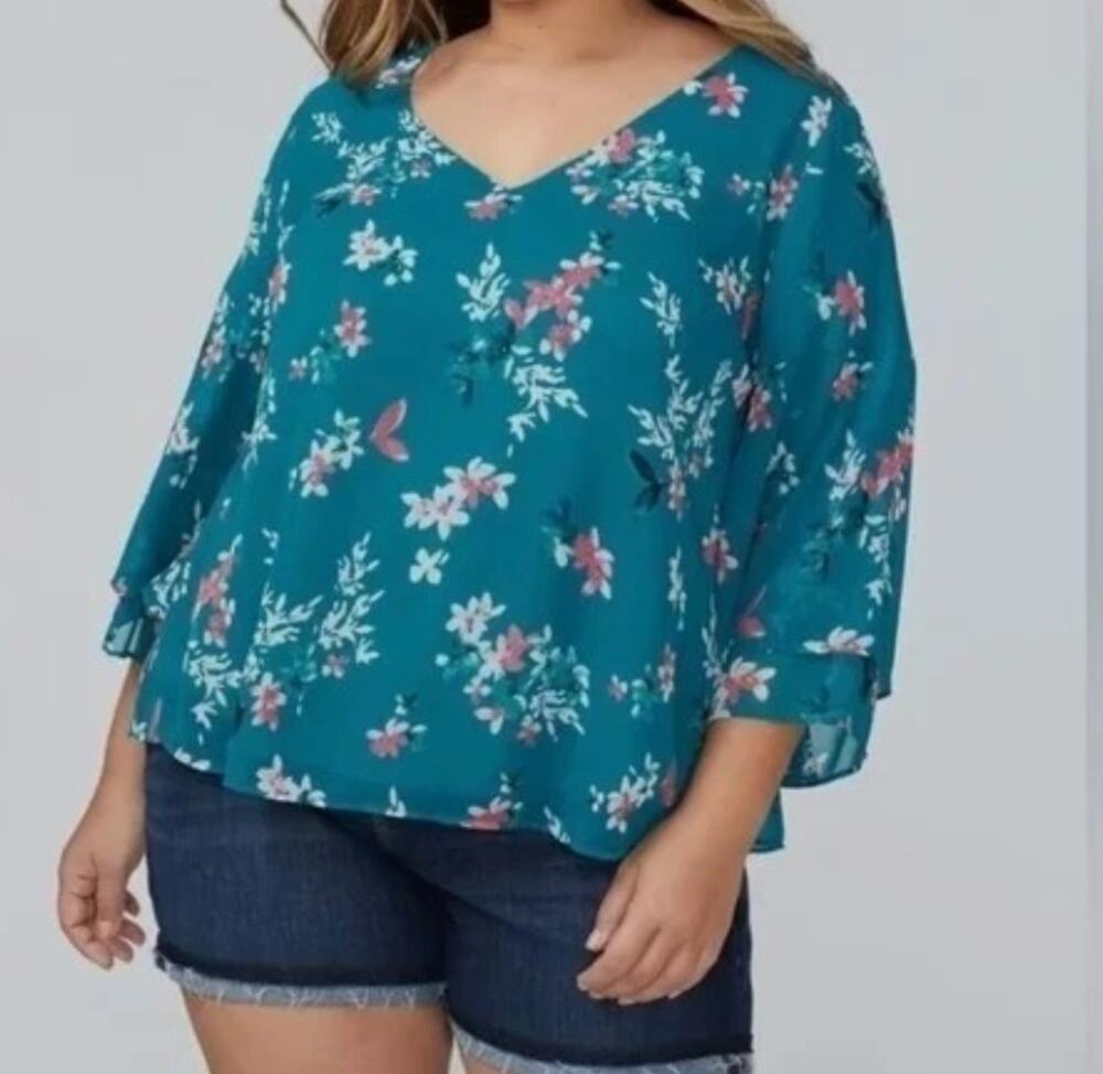 Lane Bryant Teal Floral Chiffon Flutter Sleeve V-Neck Plus Size Blouse Top 18 20